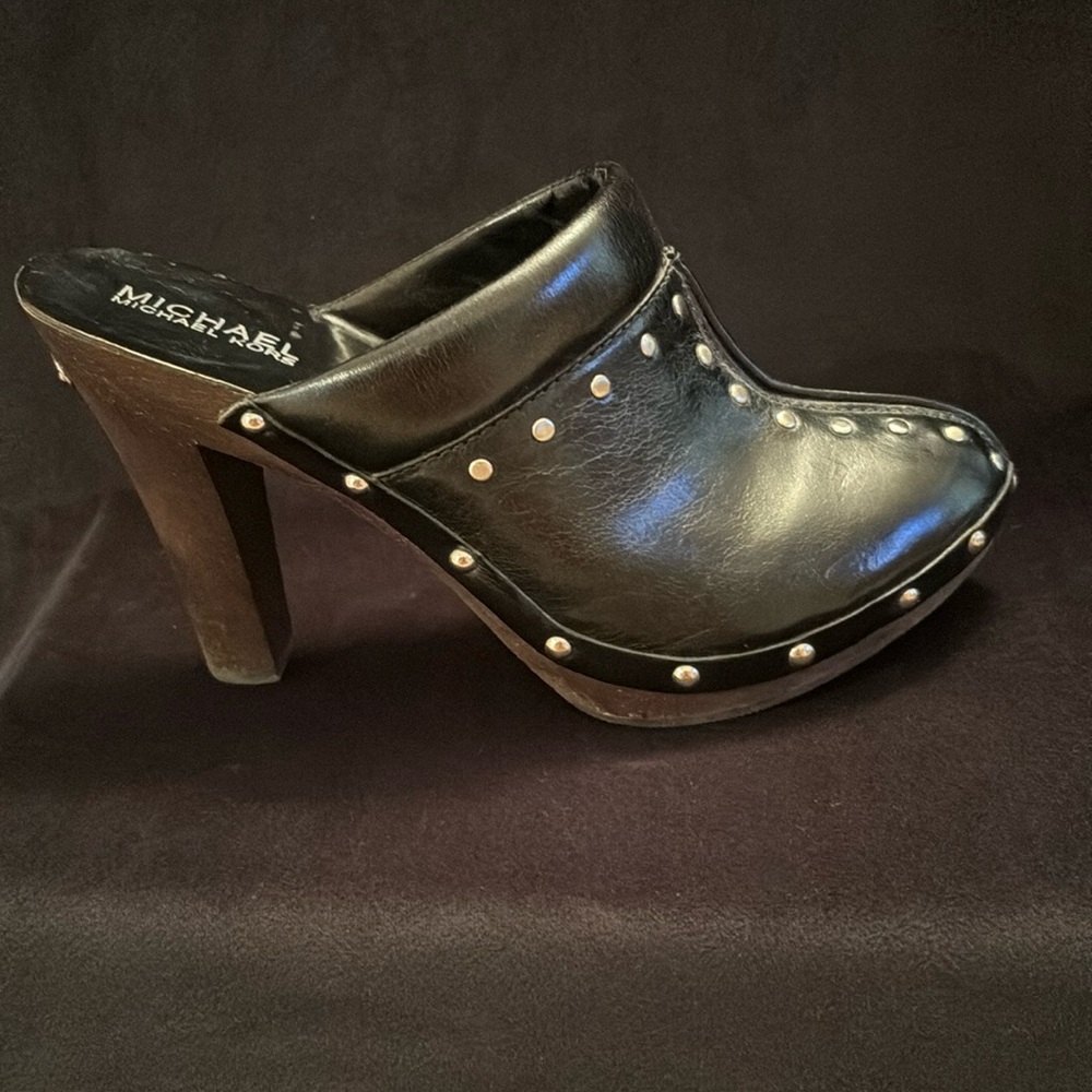 Perfect Fall Mules! Never Worn! Black leather, silver accents & brown wood heels